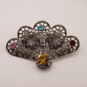 Vintage Filigree Fan Brooch with Multicolor Rhinestones